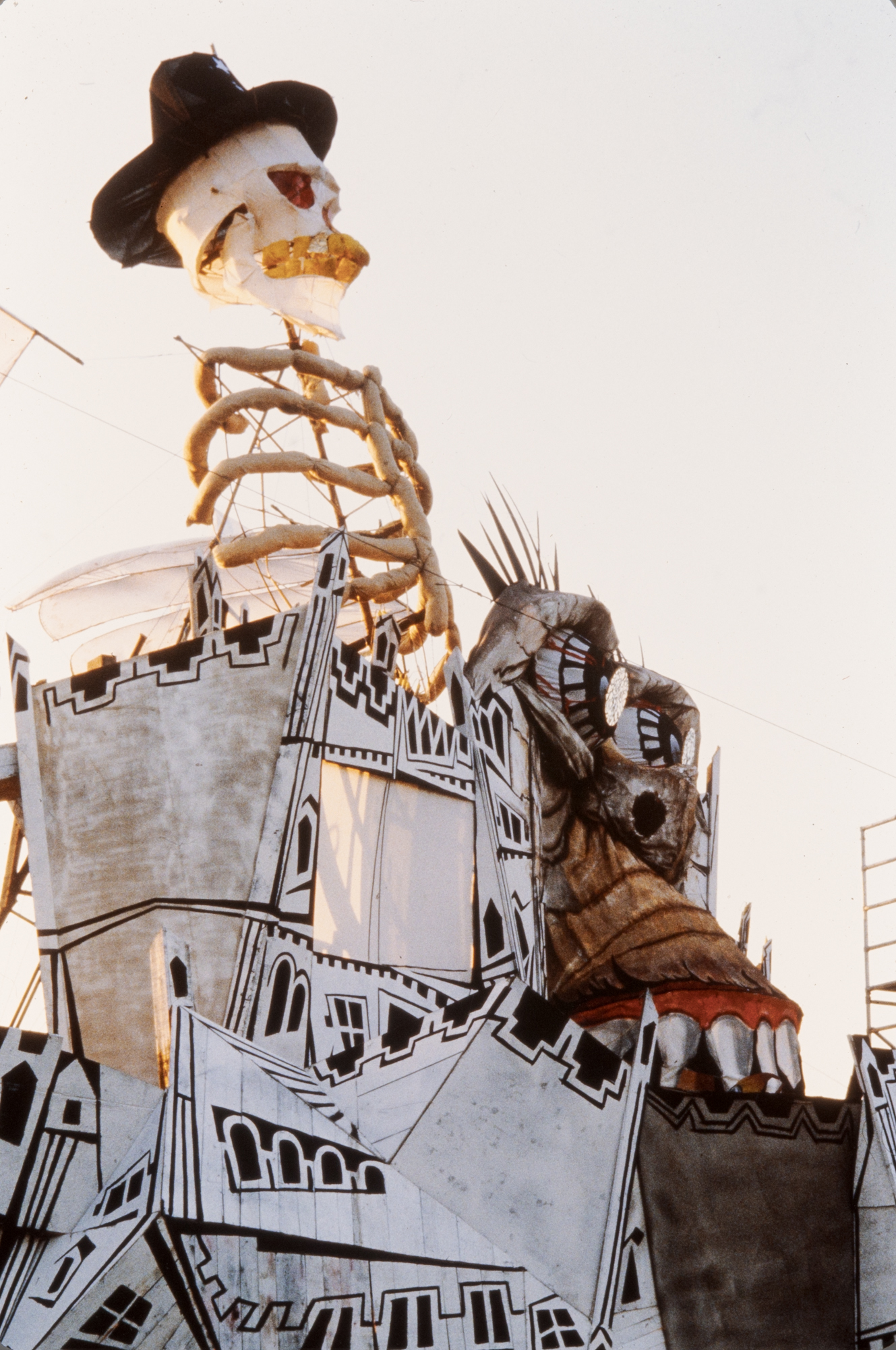 Large structure featuring skeleton wearing hat